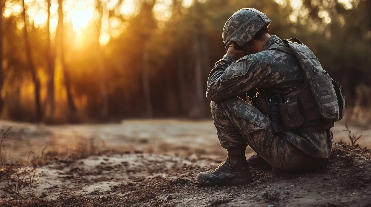 A soldier in camouflage gear sits on the ground with his head in his hands, silhouetted by the warm glow of the setting sun