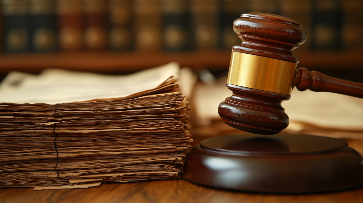 A judge's gavel next to a stack of old legal documents, symbolizing legal action against fraud