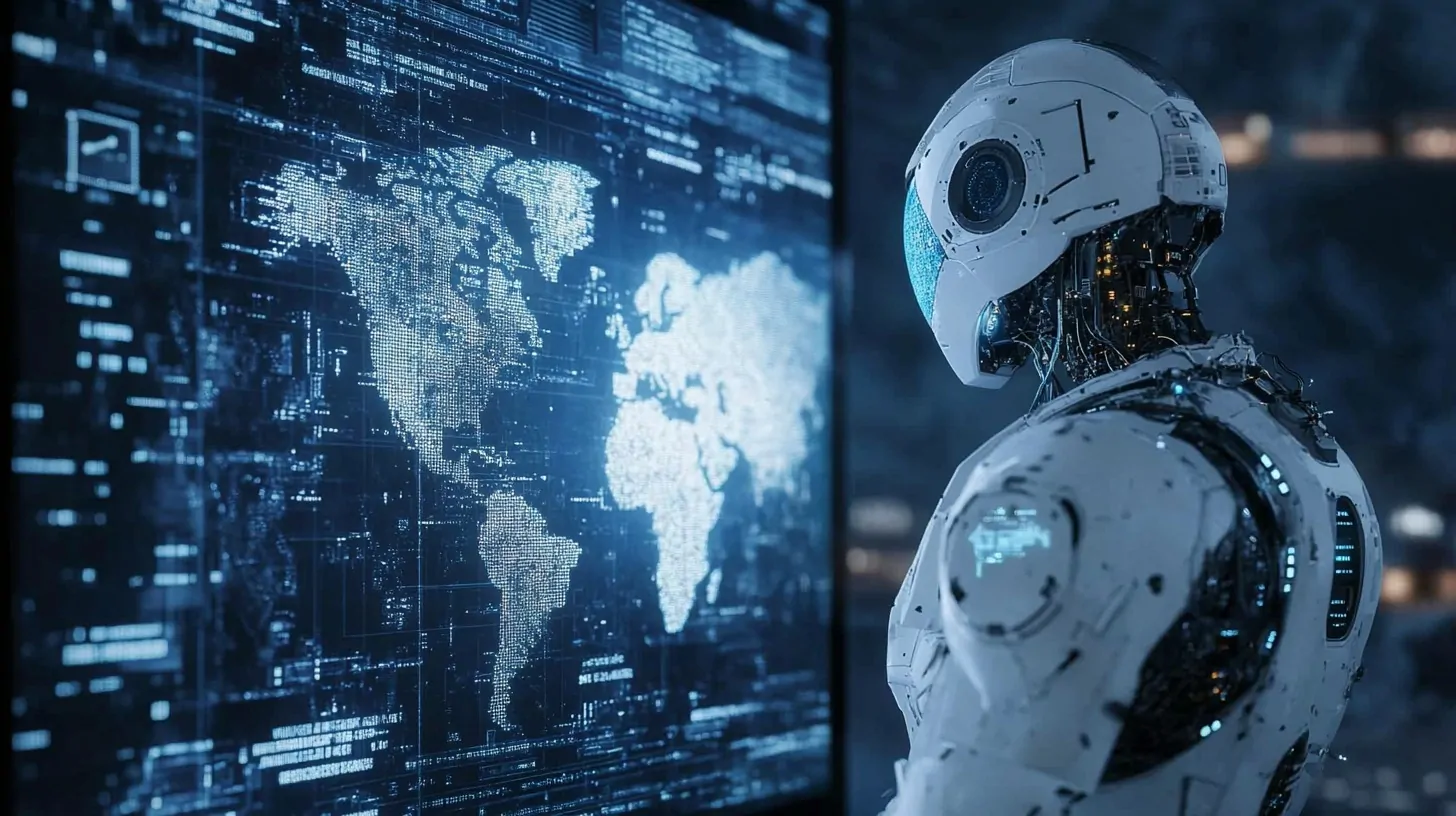 A humanoid robot analyzing a digital world map displayed on a high-tech screen, surrounded by futuristic data interfaces