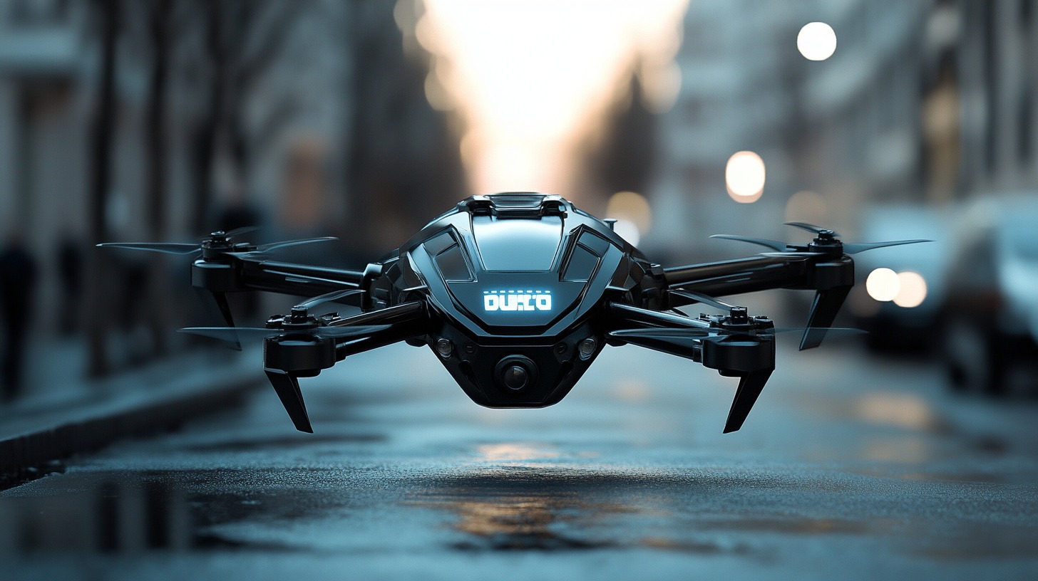 A sleek black police drone hovering over a wet urban street, with blurred city lights in the background