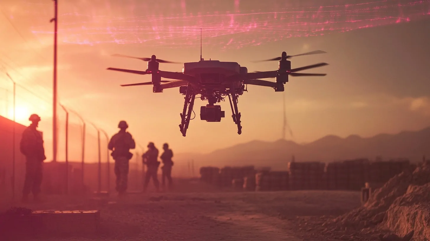 A military drone equipped with advanced sensors hovering at sunset, with soldiers silhouetted in the background