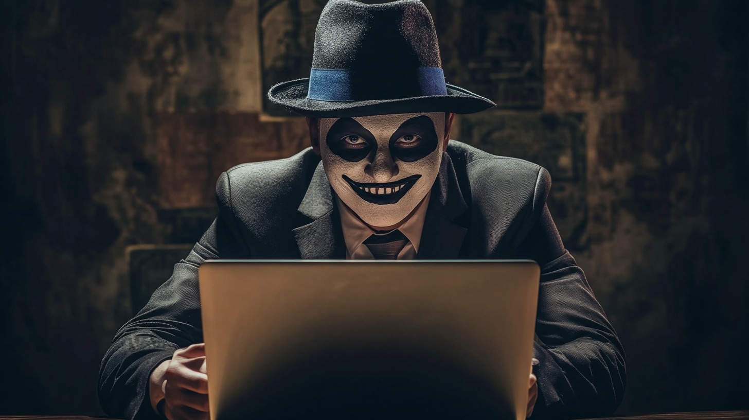 A sinister figure in a hat with painted face grinning behind a laptop in a dimly lit room