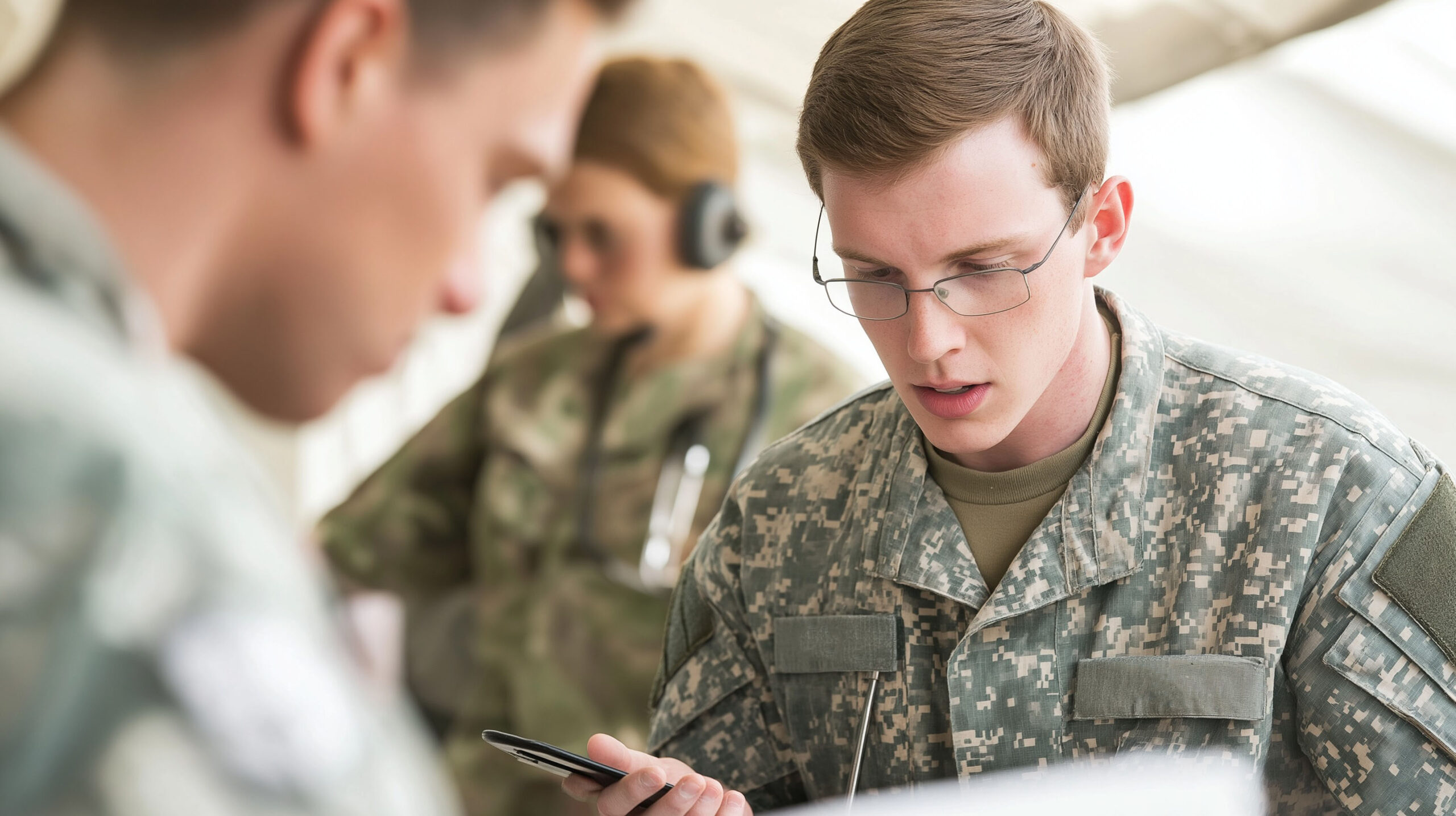 A young soldier in military uniform reviews documents while holding a pen, with other service members working in the background