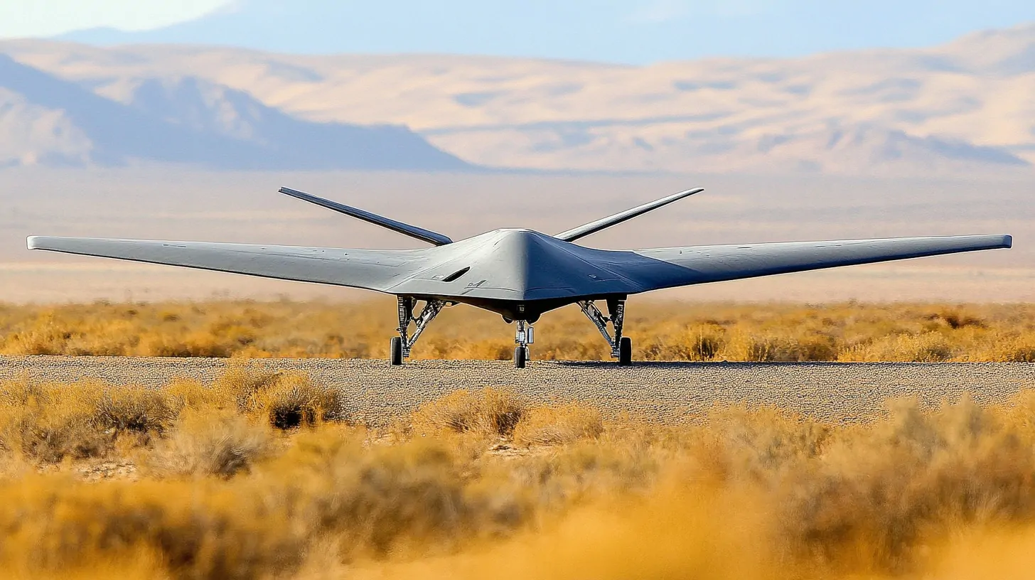 A sleek, modern UAV with a triangular design, parked in a desert landscape with mountains in the background