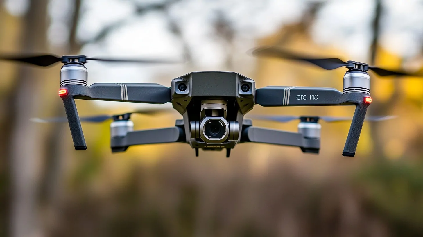 A detailed view of a camera-equipped drone hovering in the air with blurred outdoor background