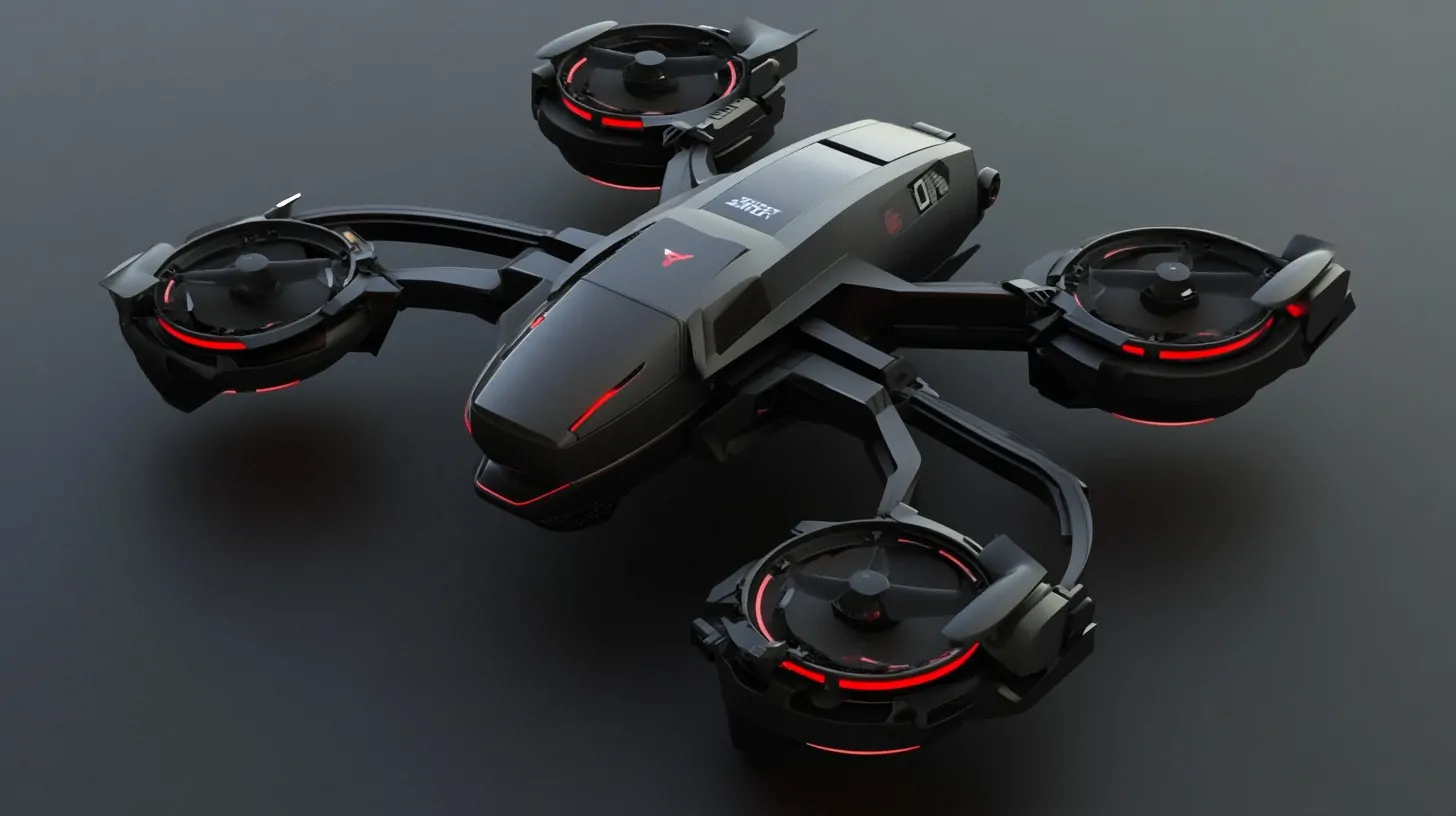 A sleek, black futuristic drone with red accents and advanced rotor designs on a dark background