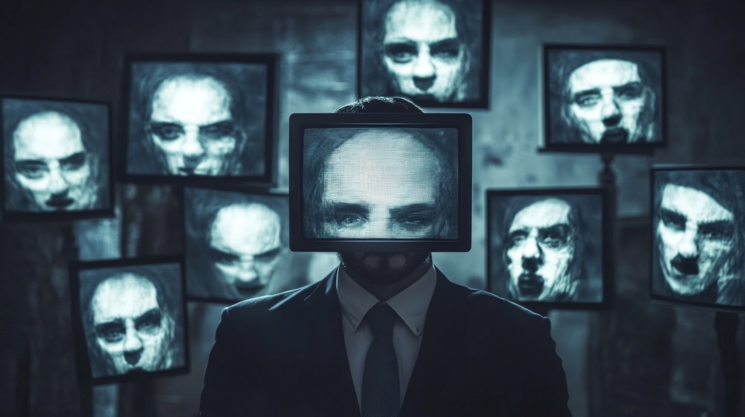 A person in a suit with a screen for a face, surrounded by multiple eerie screens displaying distorted human faces