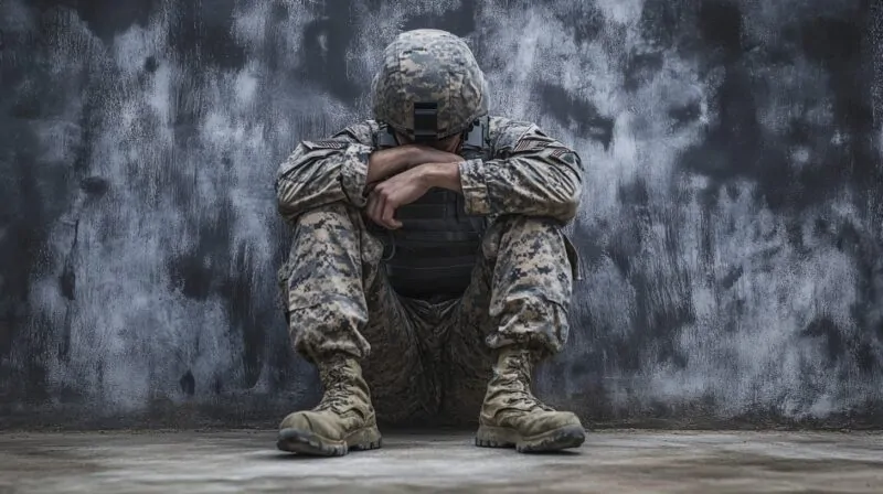 A soldier in uniform sits against a textured wall, head down and arms crossed over his knees, reflecting a moment of struggle