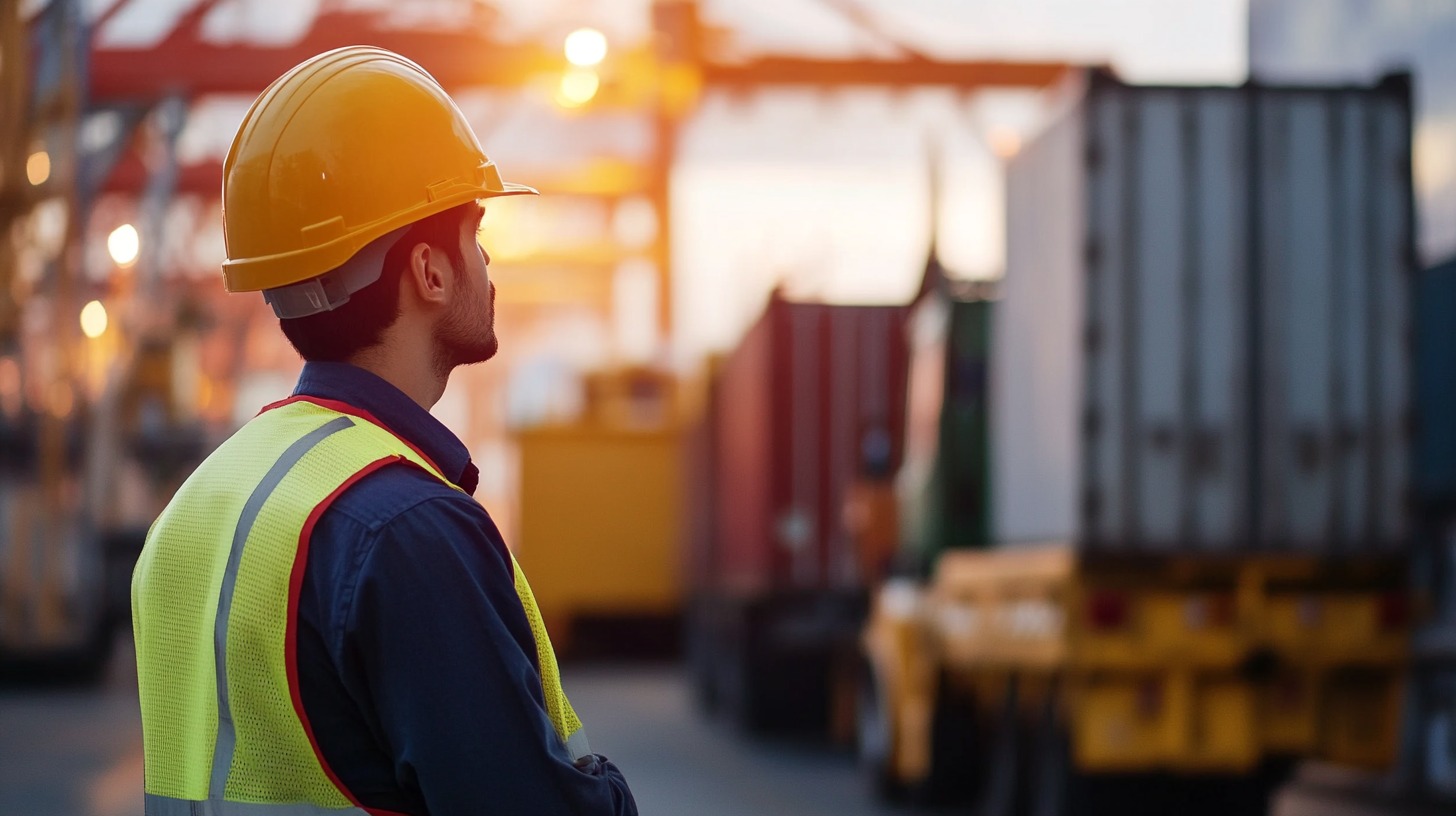 A worker in a yellow safety vest and hard hat observes shipping containers at a busy industrial port during sunset