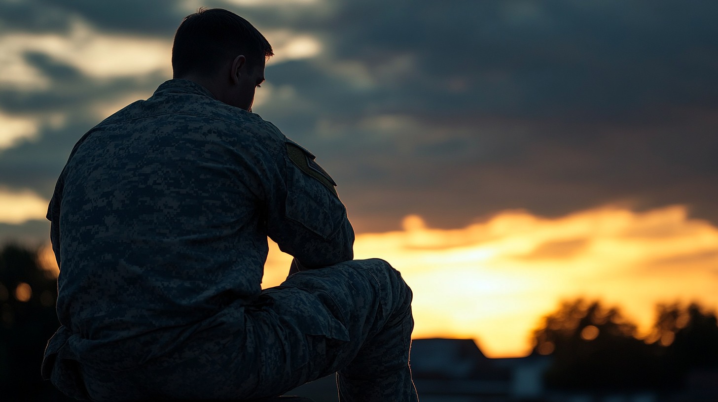 A soldier in camouflage sits alone at sunset, gazing into the distance with a solemn posture