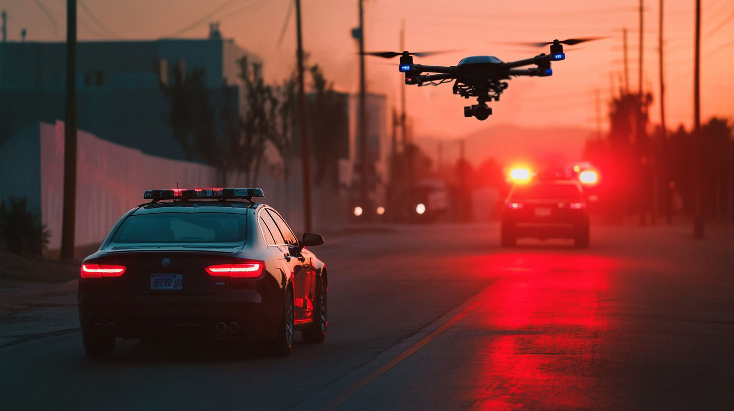 Police cars with flashing lights pursuing a suspect, accompanied by a drone monitoring from above at sunset