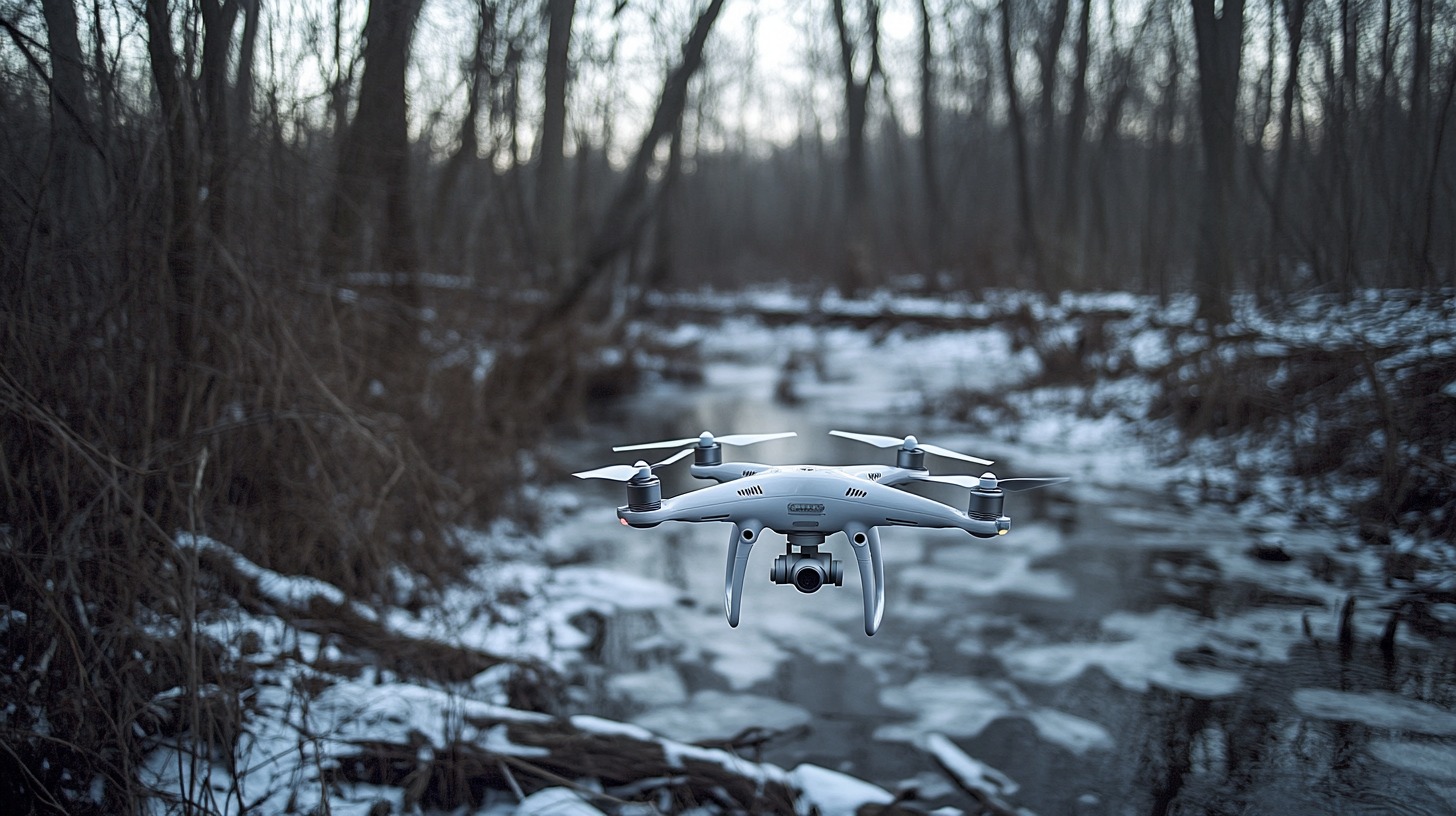 A drone flying over a frozen stream in a forest during winter, surrounded by bare trees