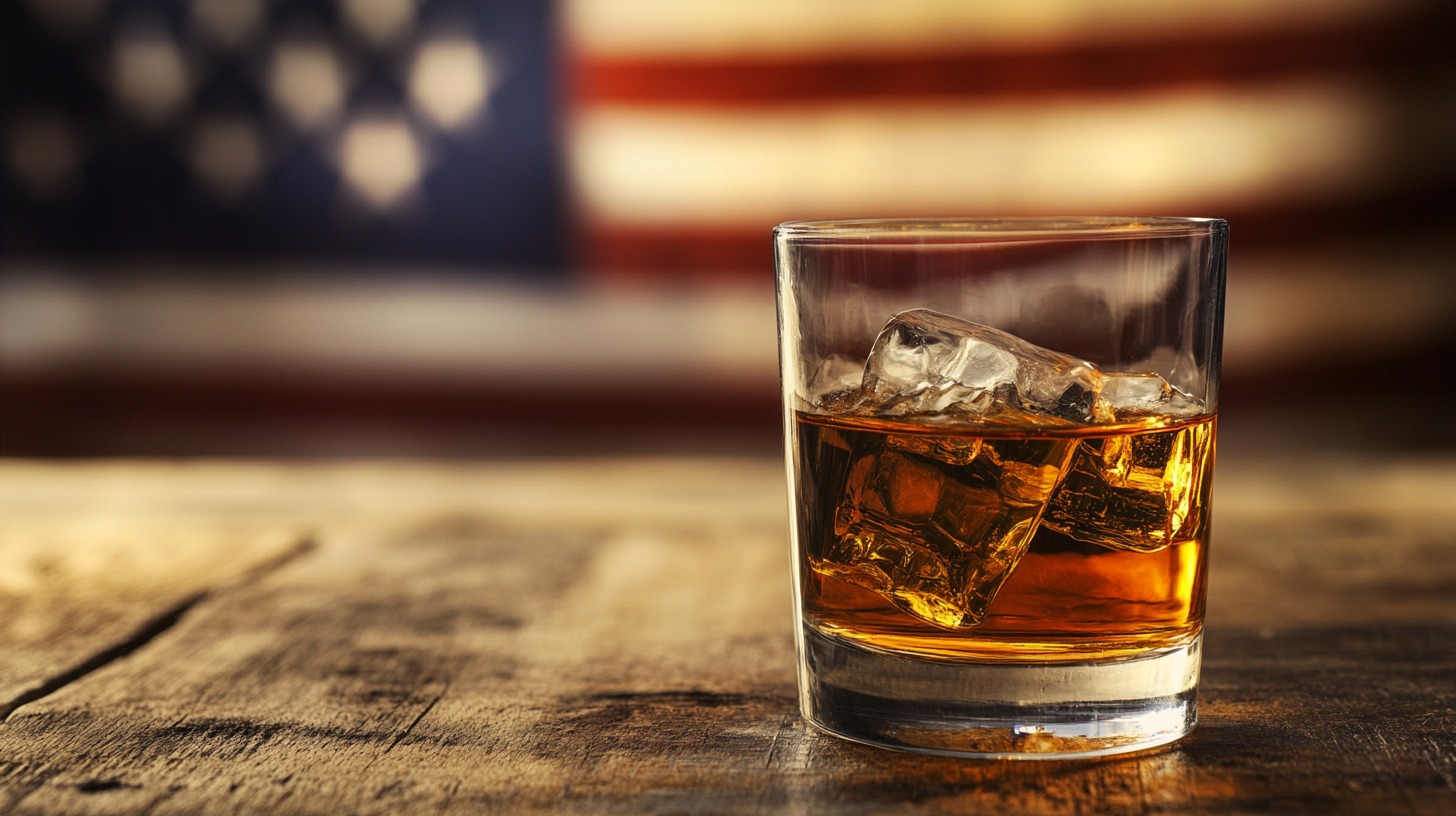 A glass of bourbon with ice sits on a rustic wooden table, with the American flag blurred in the background