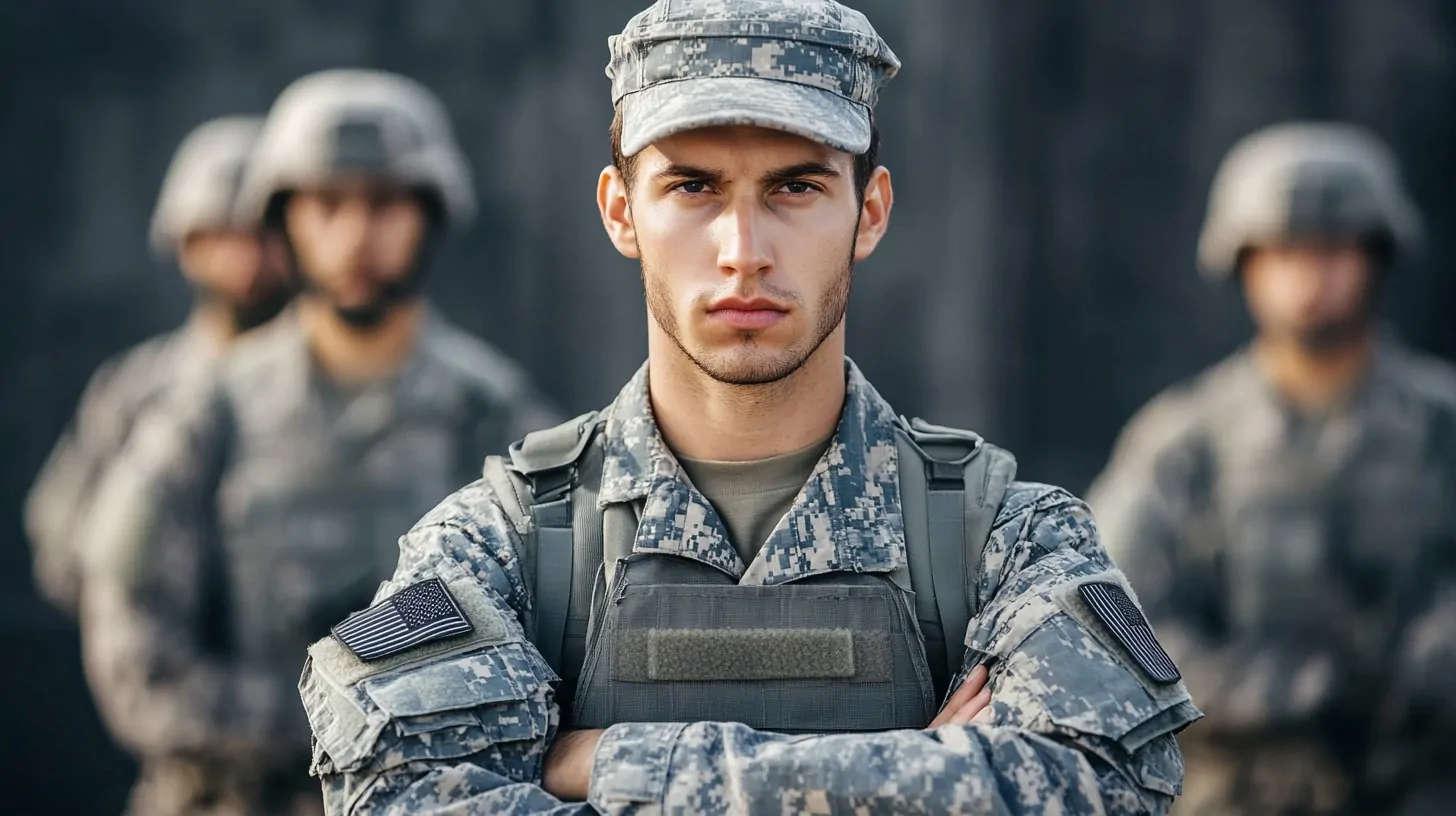 A determined young soldier in uniform stands with arms crossed, with three fellow soldiers slightly blurred in the background