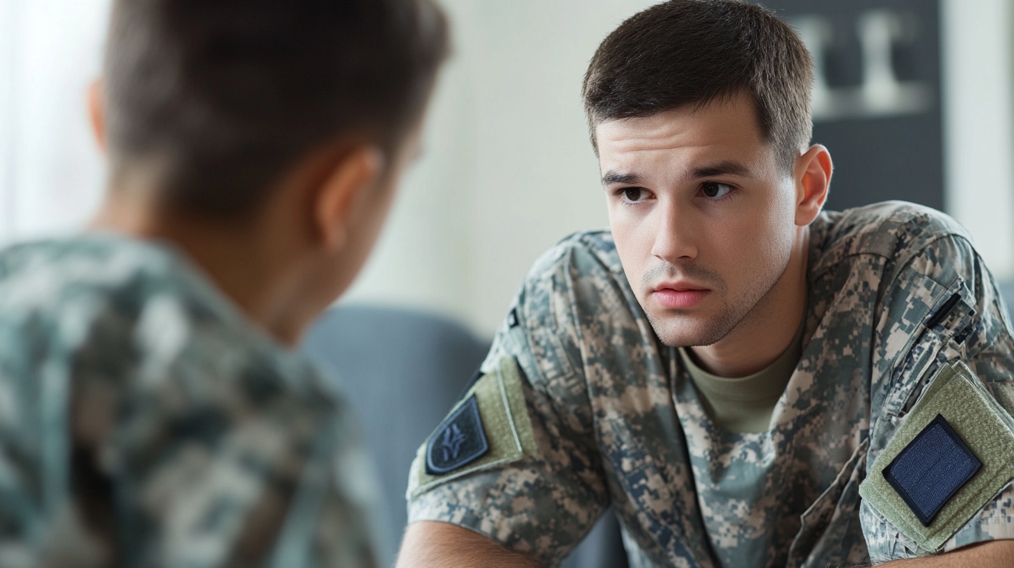 Two military personnel in camouflage uniforms engage in a serious conversation, with one soldier listening attentively