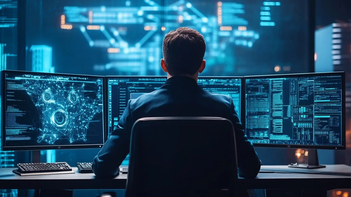 A cybersecurity specialist monitors multiple screens displaying digital security data in a high-tech control room