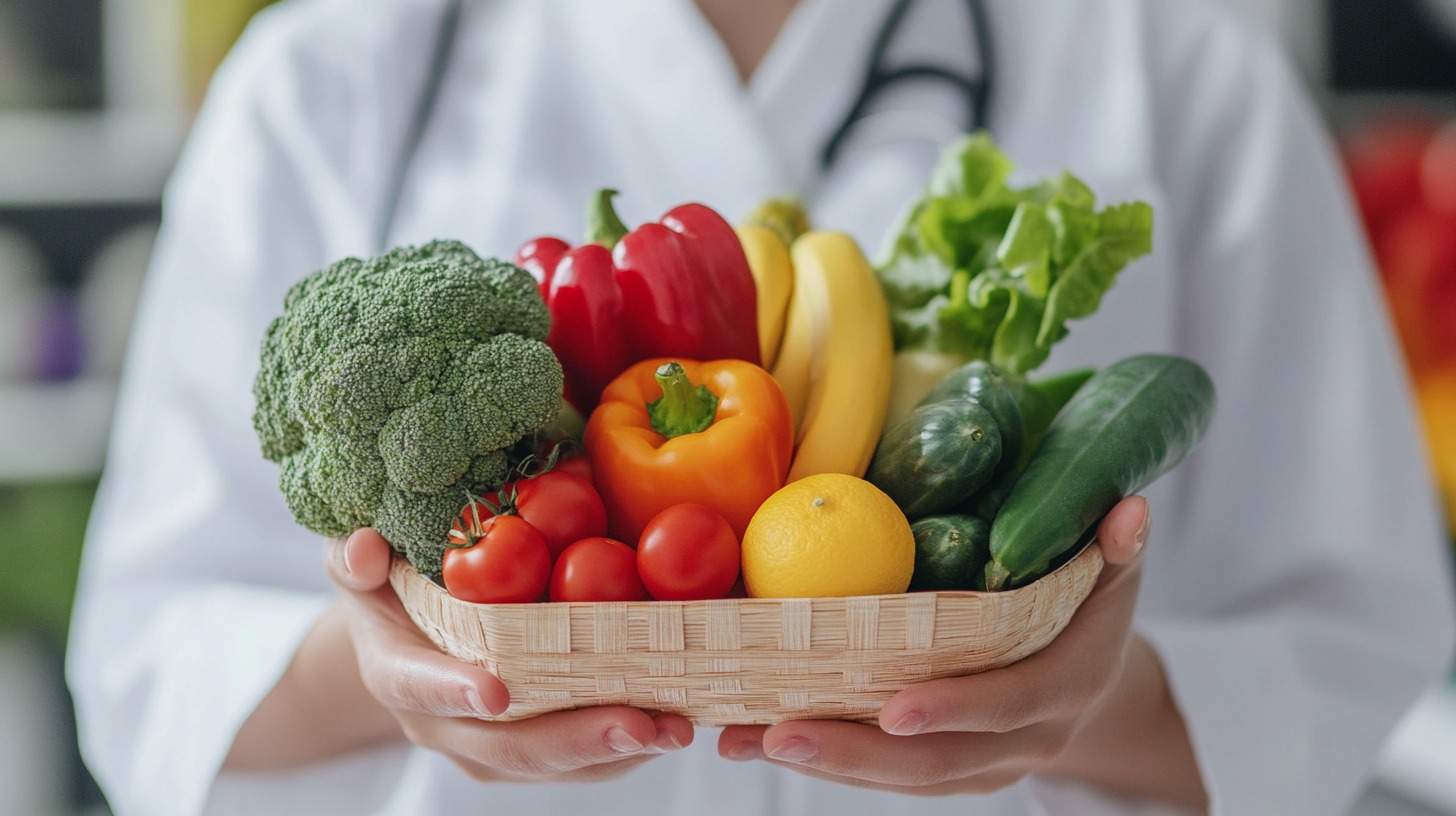 A healthcare professional in a white coat holding a basket filled with fresh vegetables and fruits