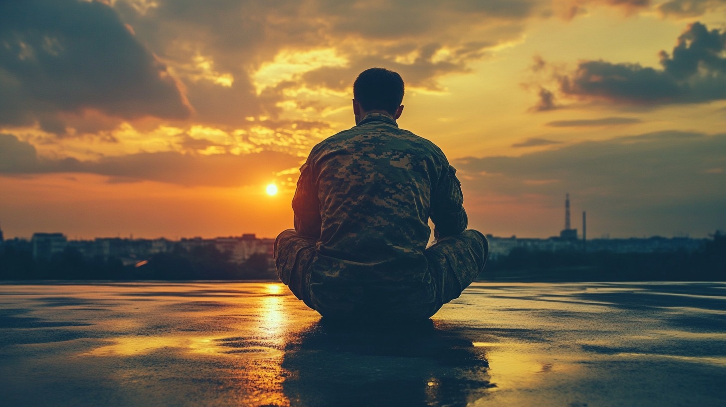 A soldier in camouflage uniform sits cross-legged on a reflective surface, gazing at a sunset over the city skyline, symbolizing reflection and inner peace