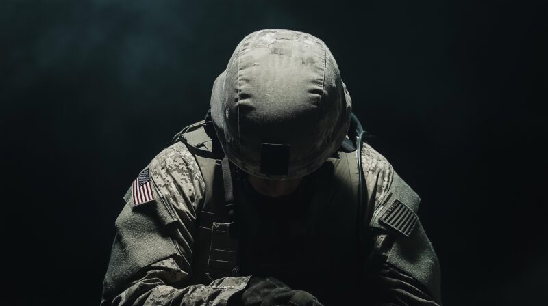 A soldier in camouflage uniform and helmet sits with his head bowed in a dimly lit environment, symbolizing struggle and reflection