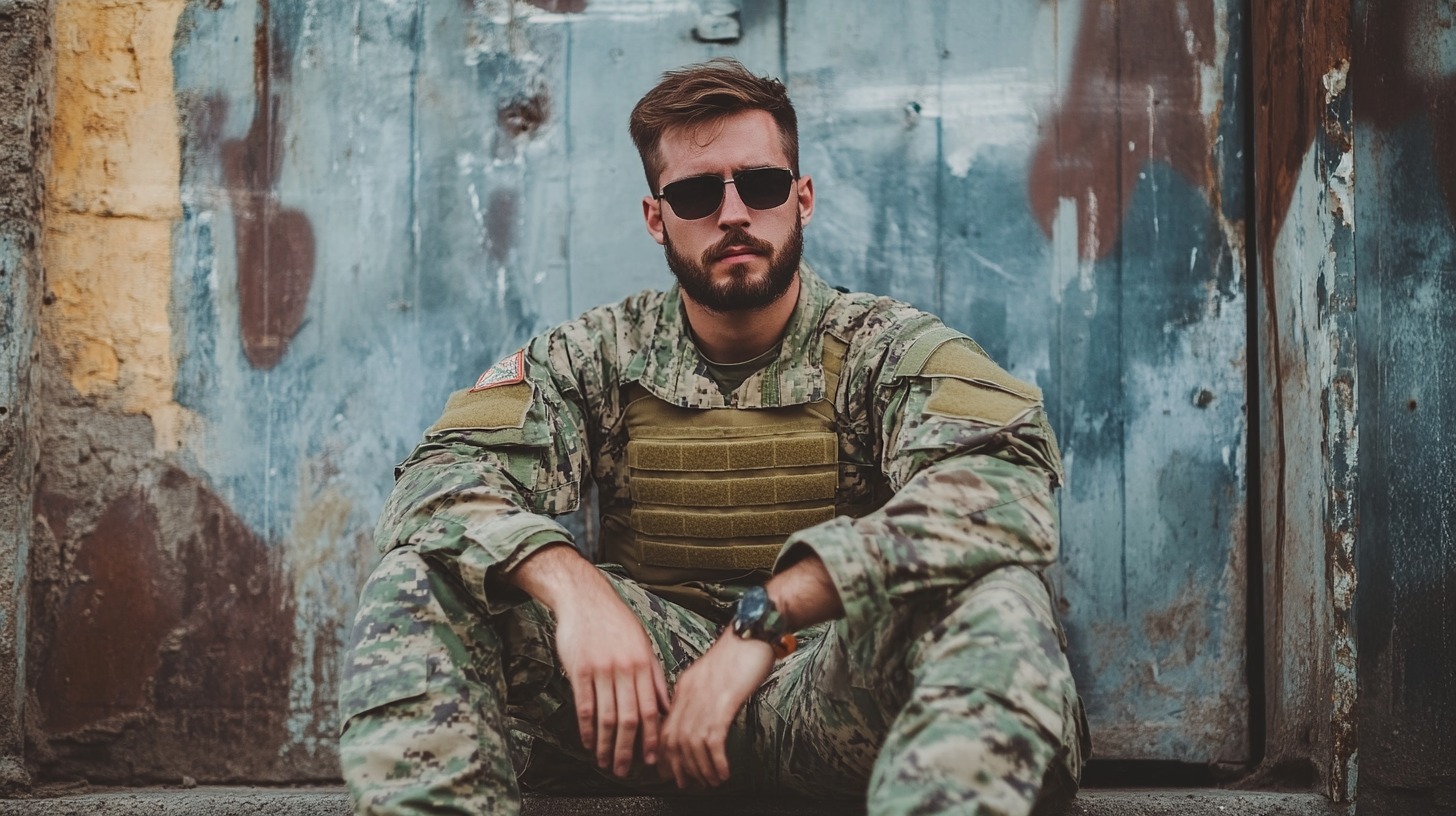 A soldier in camouflage uniform and tactical gear sits against a weathered blue door, wearing sunglasses and a serious expression