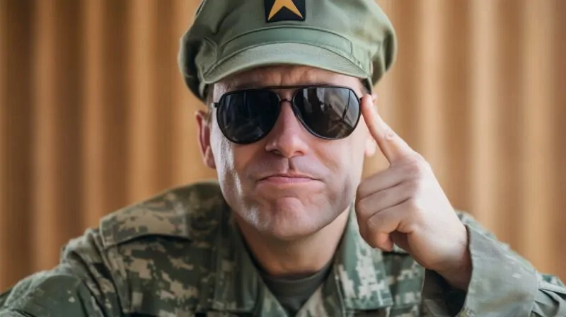 Close-up of a soldier wearing sunglasses and a green military cap, pointing to his temple with a serious expression