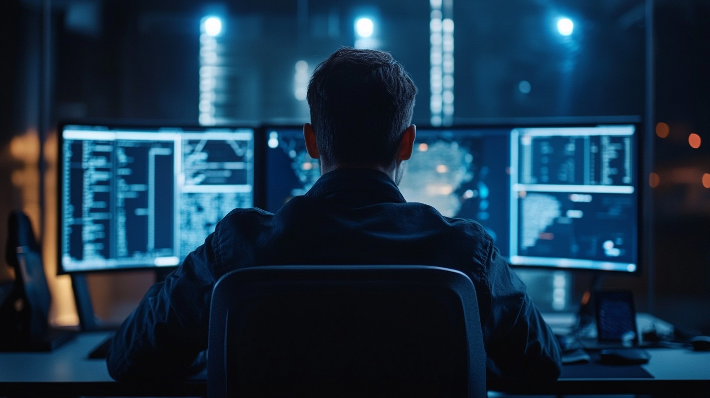 A cybersecurity analyst monitoring multiple screens in a dimly lit room, representing digital defense operations