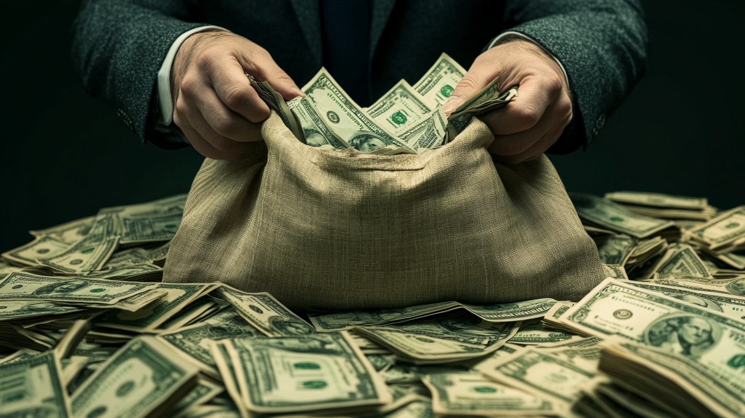 A person holding a bag overflowing with cash, surrounded by stacks of dollar bills, symbolizing financial scams