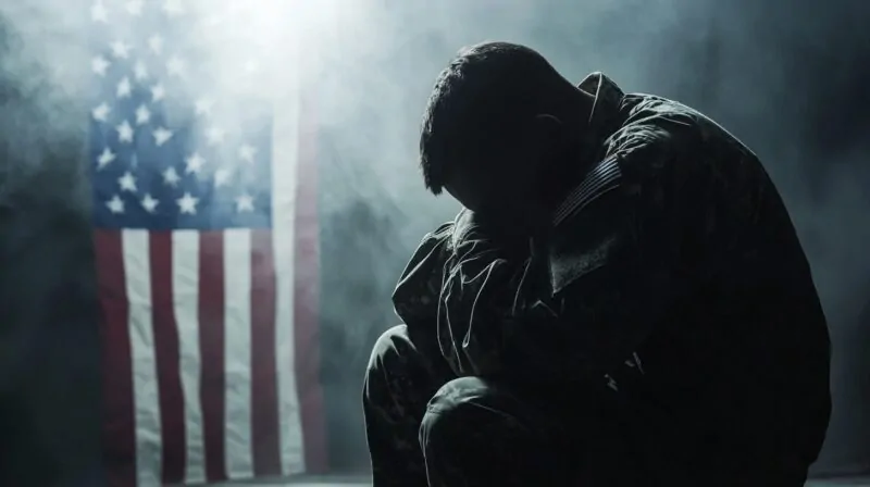 A soldier in uniform sits hunched over in distress, with an American flag in the background, surrounded by mist and dim lighting