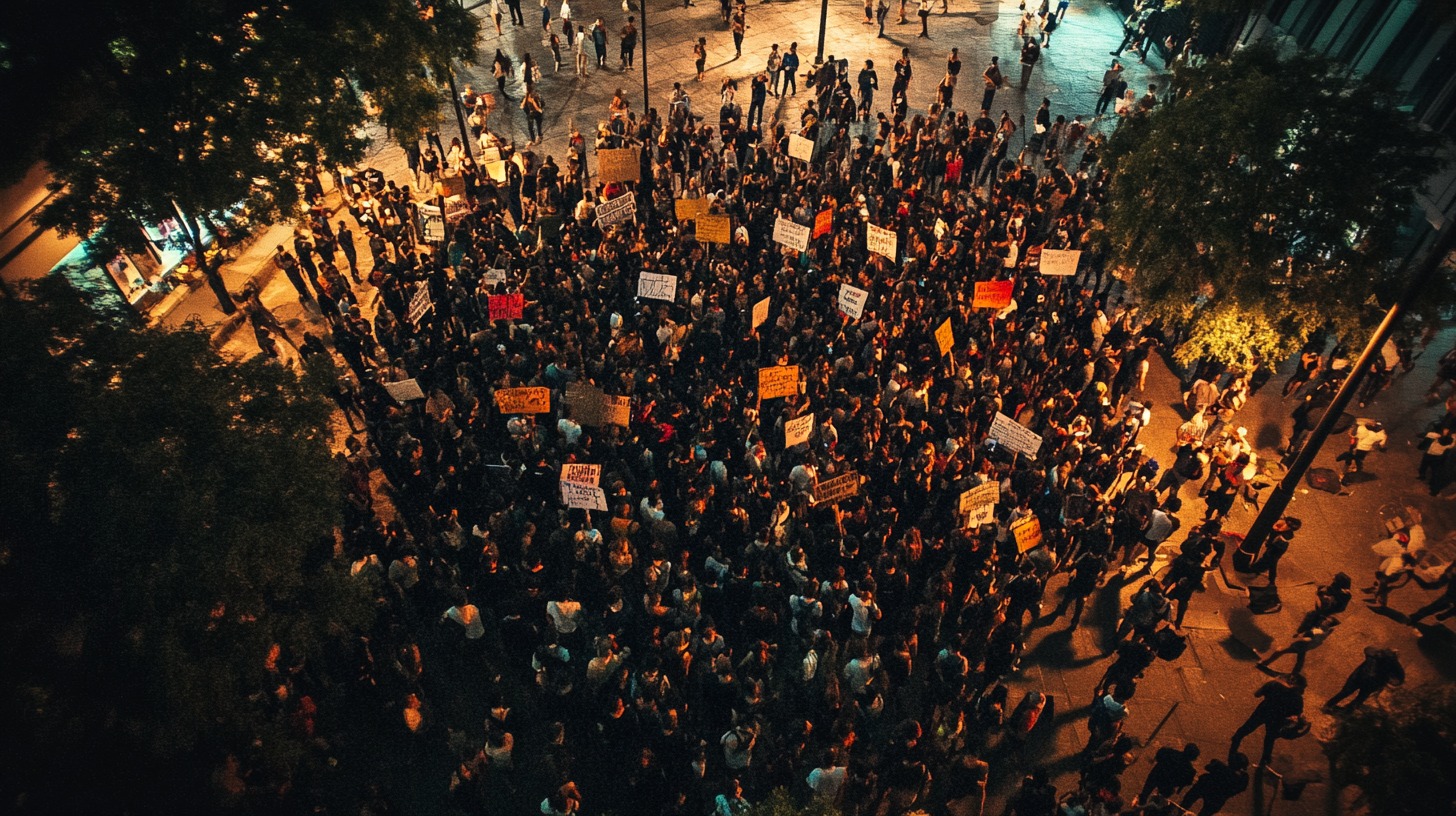 Aerial view of a large crowd protesting at night, holding signs and gathered on a city street