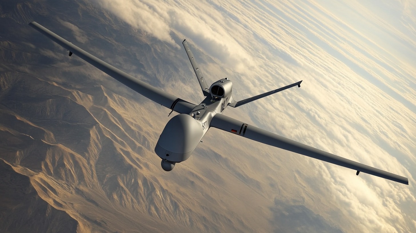 A large unmanned aerial vehicle (UAV) flying above a desert landscape with clouds in the background