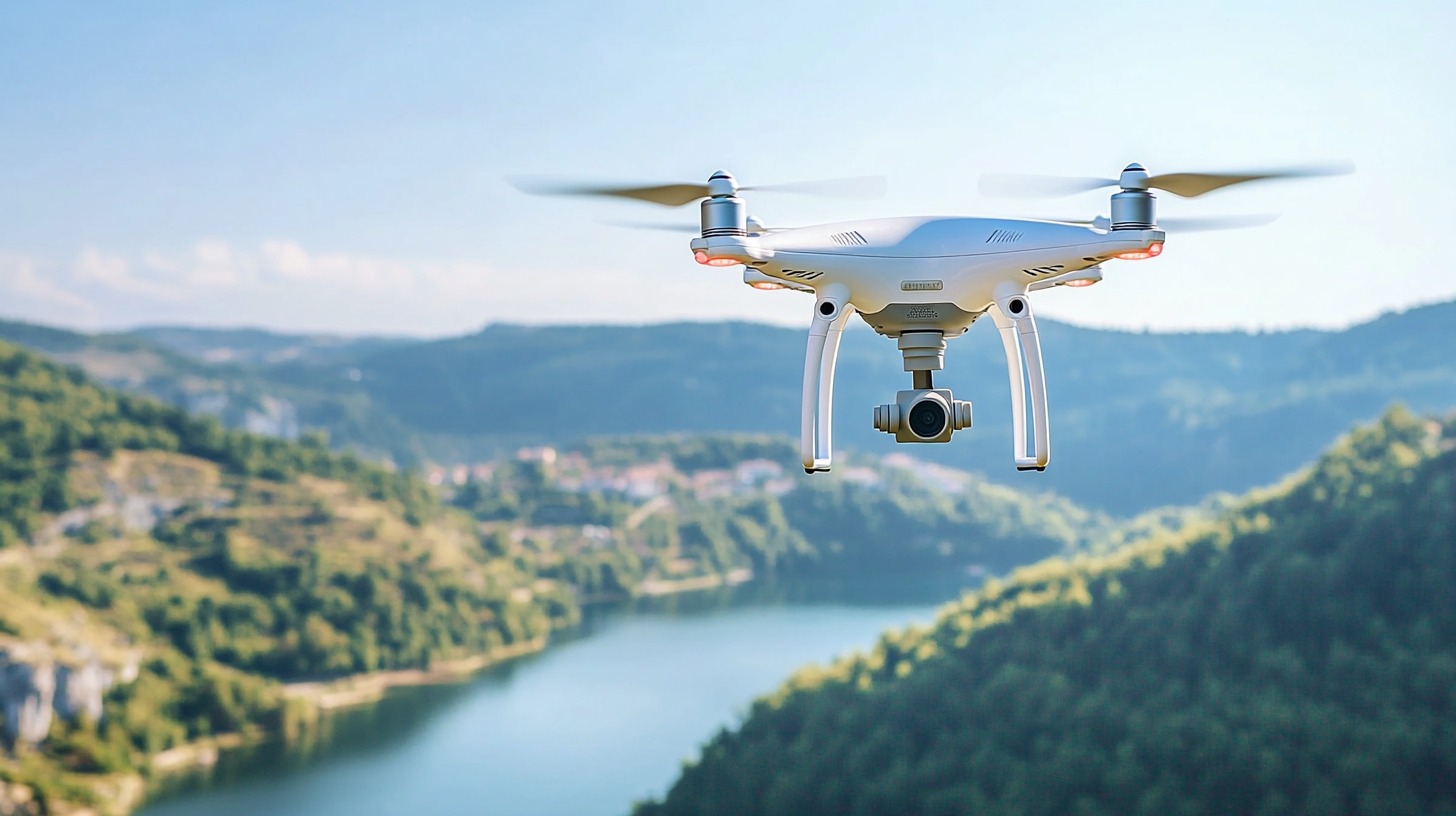 A white drone with a mounted camera flying over a scenic valley with a river and hills in the background