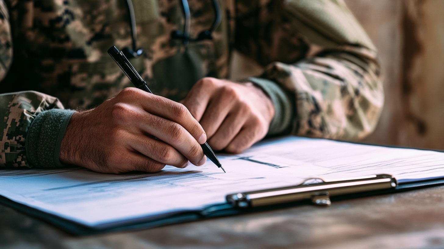 A close-up of a soldier’s hands in camouflage uniform signing an official document on a clipboard