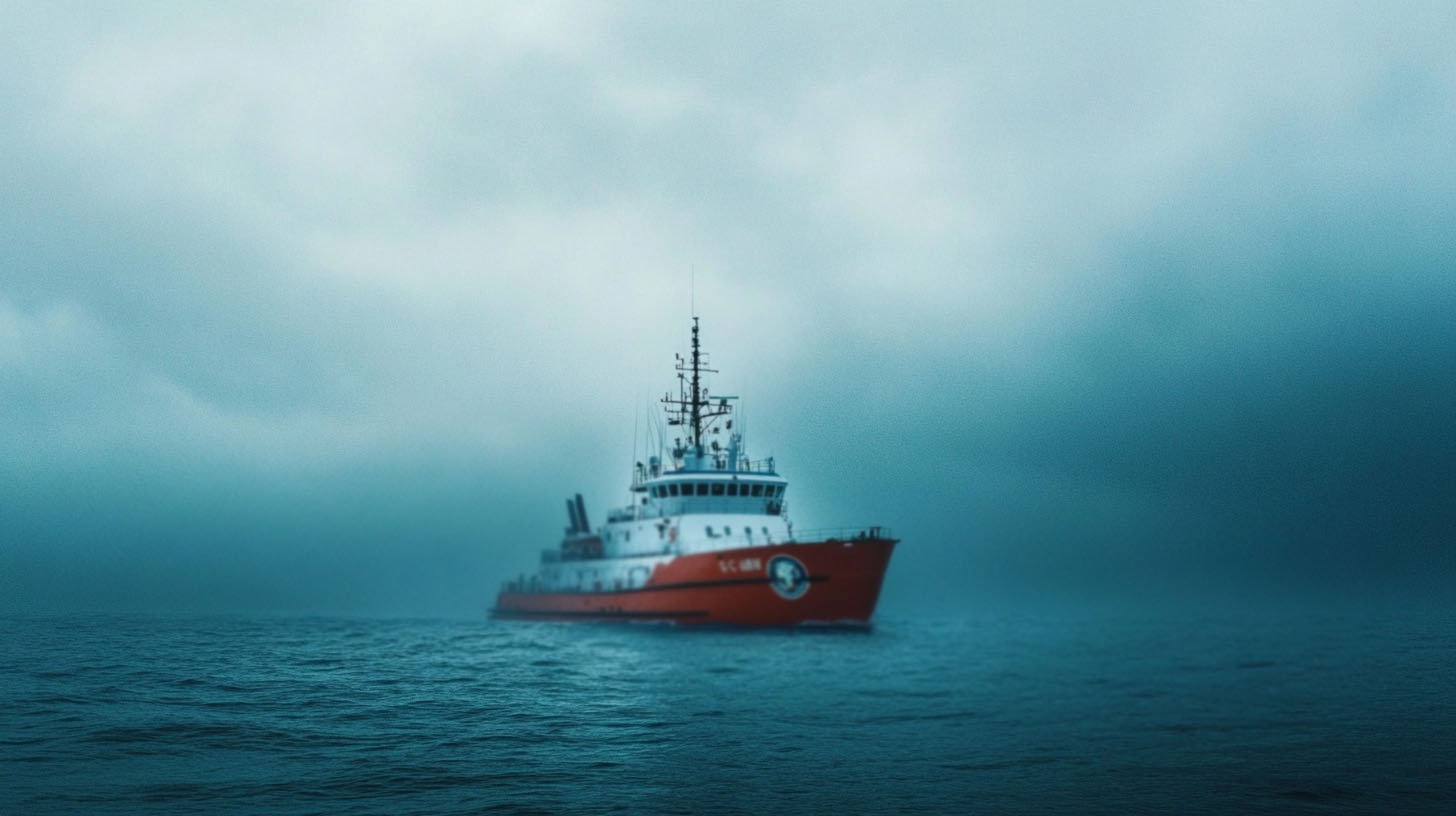 A Coast Guard ship sailing through rough seas under a cloudy, foggy sky, emphasizing maritime law enforcement and rescue operations