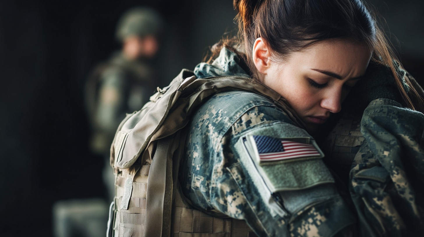 A female soldier in a camouflage uniform embraces a fellow service member, eyes closed in an emotional moment, while another soldier is blurred in the background