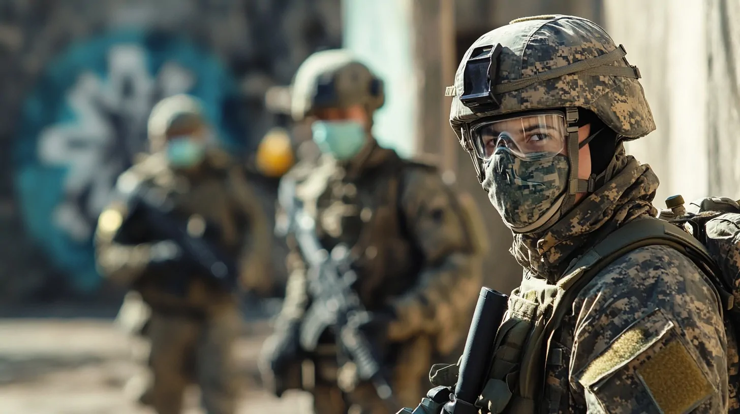 Soldiers in tactical gear wearing masks, standing in an urban setting