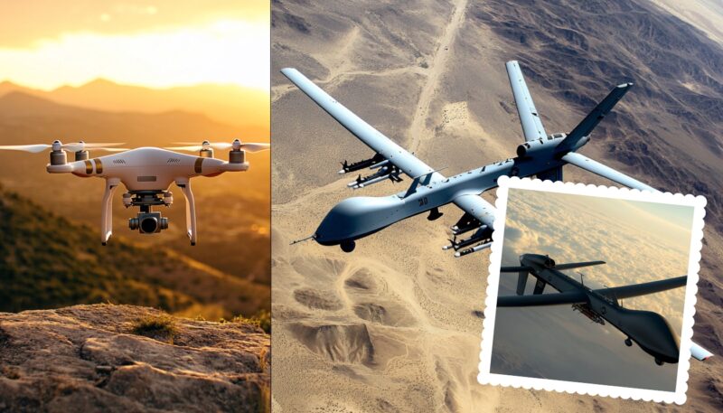 A collage showcasing a consumer drone hovering over a sunset landscape and military UAVs flying over desert and clouds