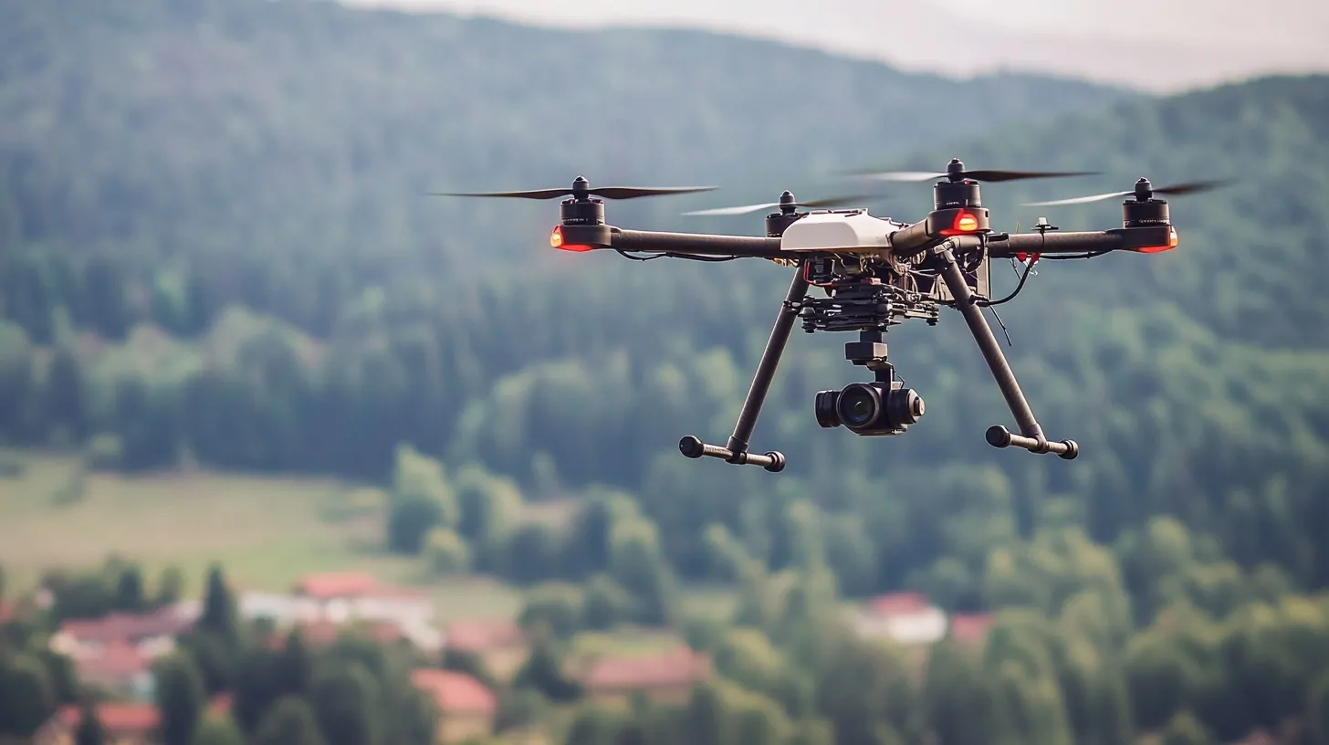 A drone equipped with a camera hovering over a scenic countryside with blurred green trees and houses in the background