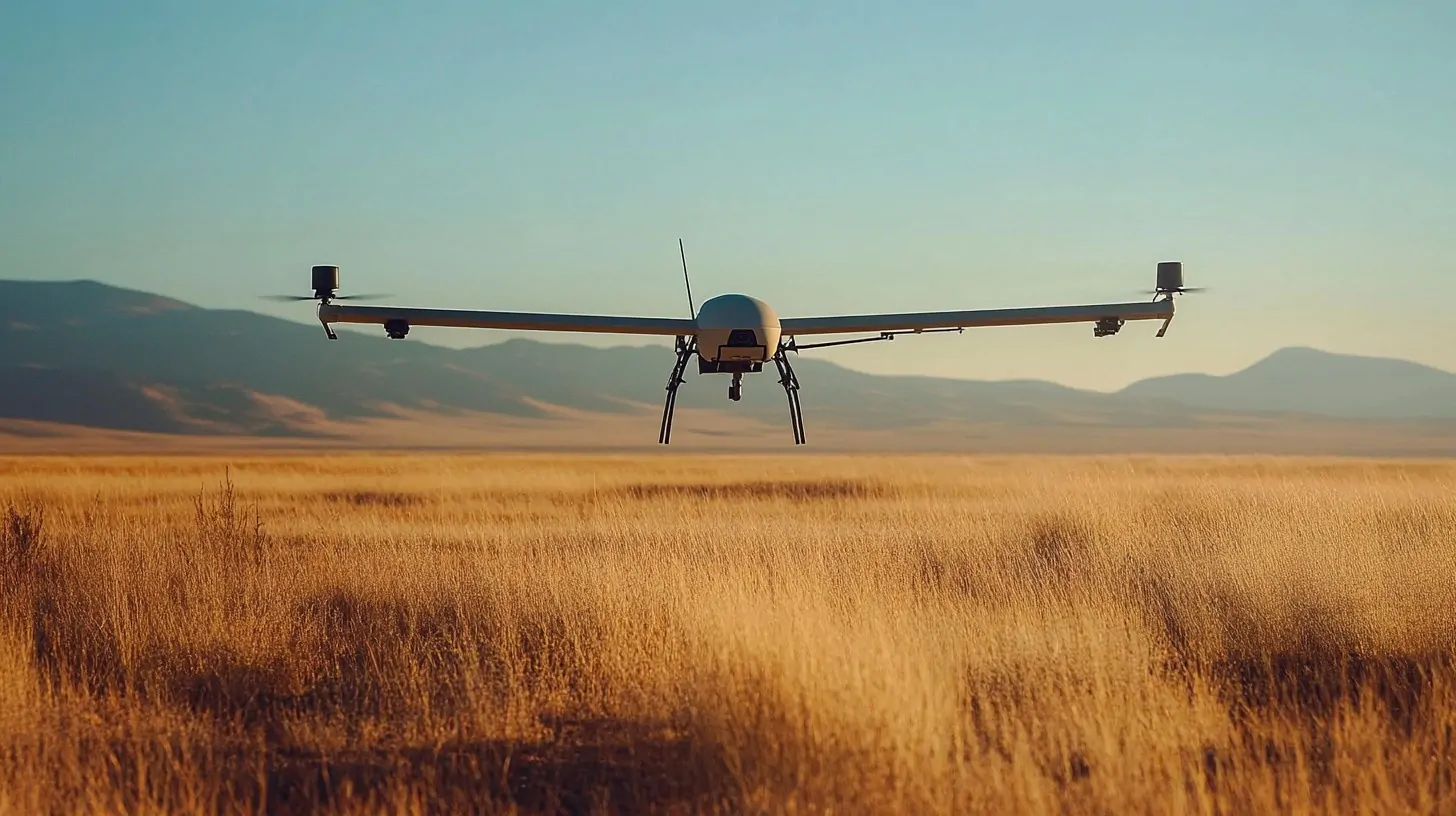 A UAV flying low over a grassy plain with mountains in the background during sunrise