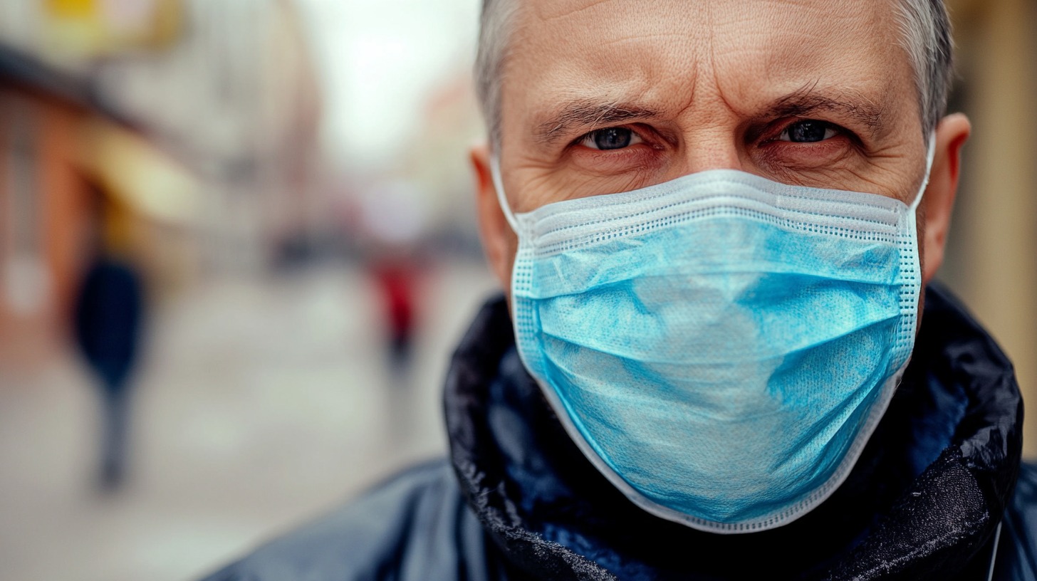 Close-up of a man wearing a blue surgical mask, standing in an urban environment with blurred background