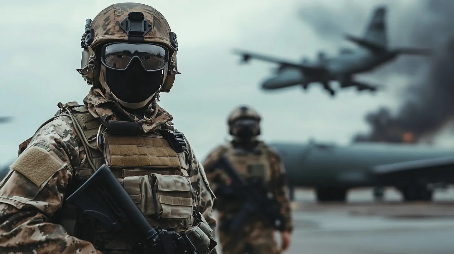 Armed soldier in tactical gear stands alert on an airstrip, with a military plane and smoke in the background