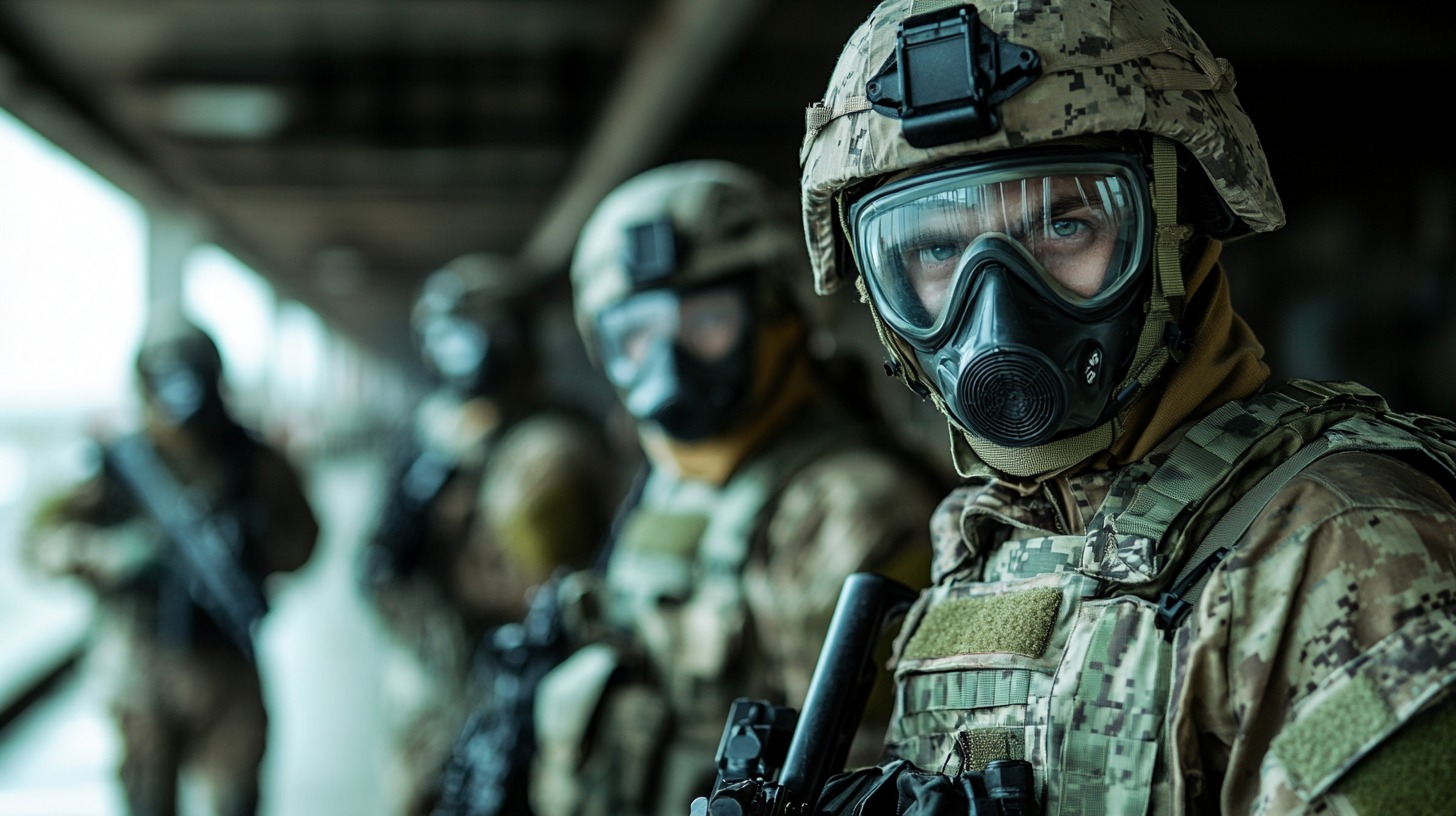 A group of soldiers in camouflage gear wearing gas masks and tactical equipment, standing in formation