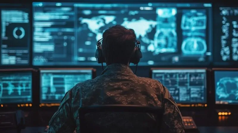 A military officer in camouflage uniform monitors multiple digital screens displaying global maps, data analytics, and security systems in a high-tech control center