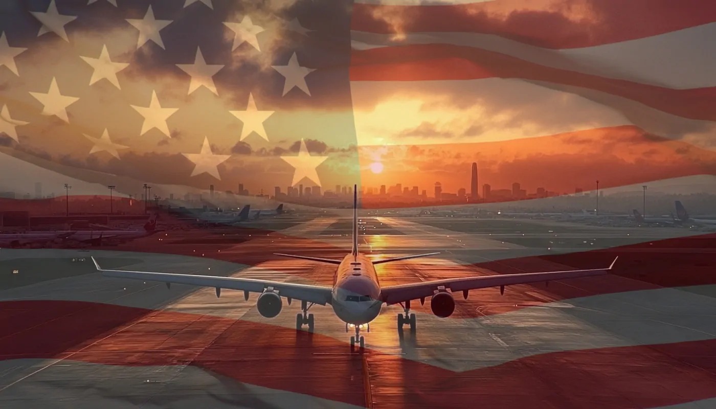 An airplane on the runway at sunset with the American flag overlayed. The city skyline is visible in the background