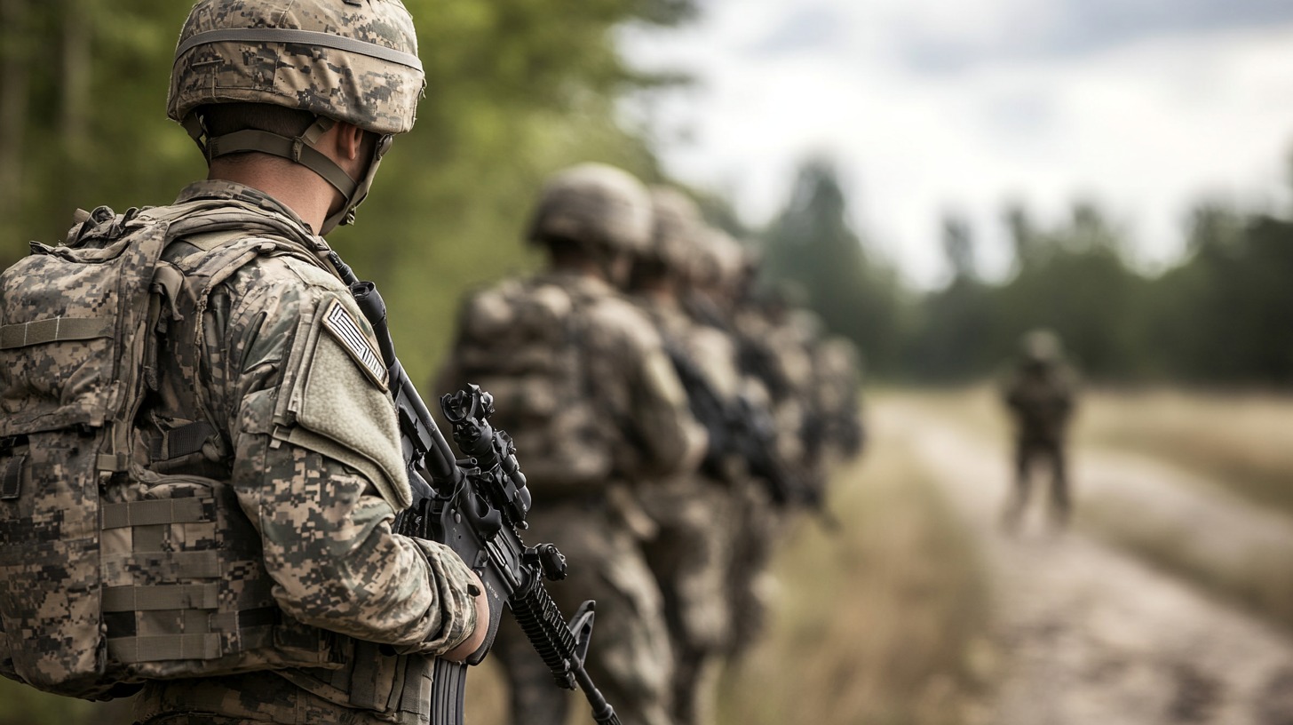 A group of soldiers in camouflage uniforms and tactical gear stands in a line formation during a military training exercise in a rural environment. The soldier in the foreground holds a rifle and observes the area