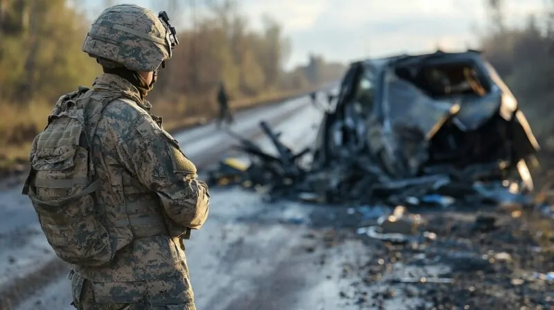 A soldier in military gear stands in front of a destroyed armored vehicle on a war-torn road, with debris and another wrecked vehicle in the distance