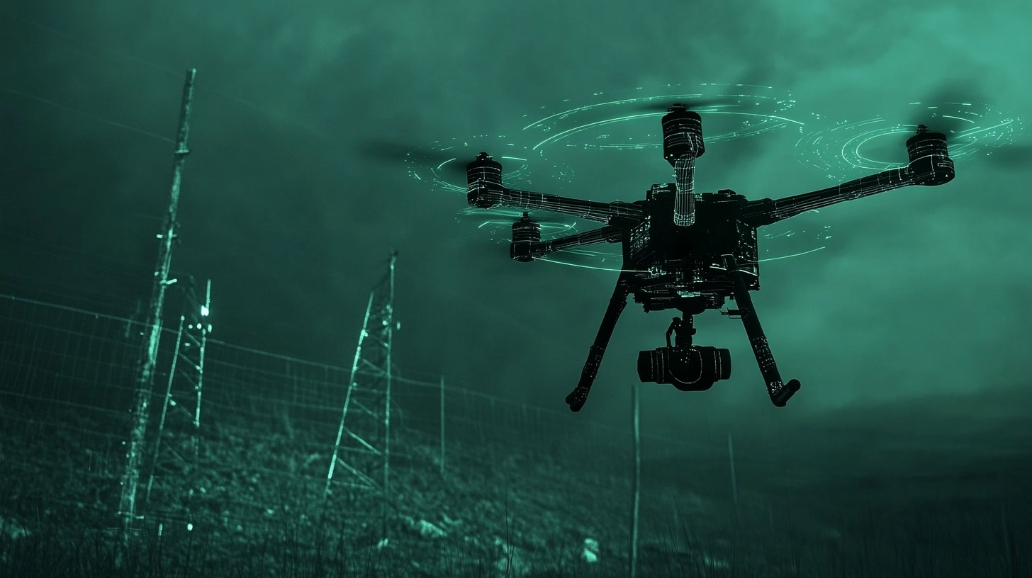 A drone equipped with advanced sensors and a camera hovering at night, with a glowing green digital interface overlay