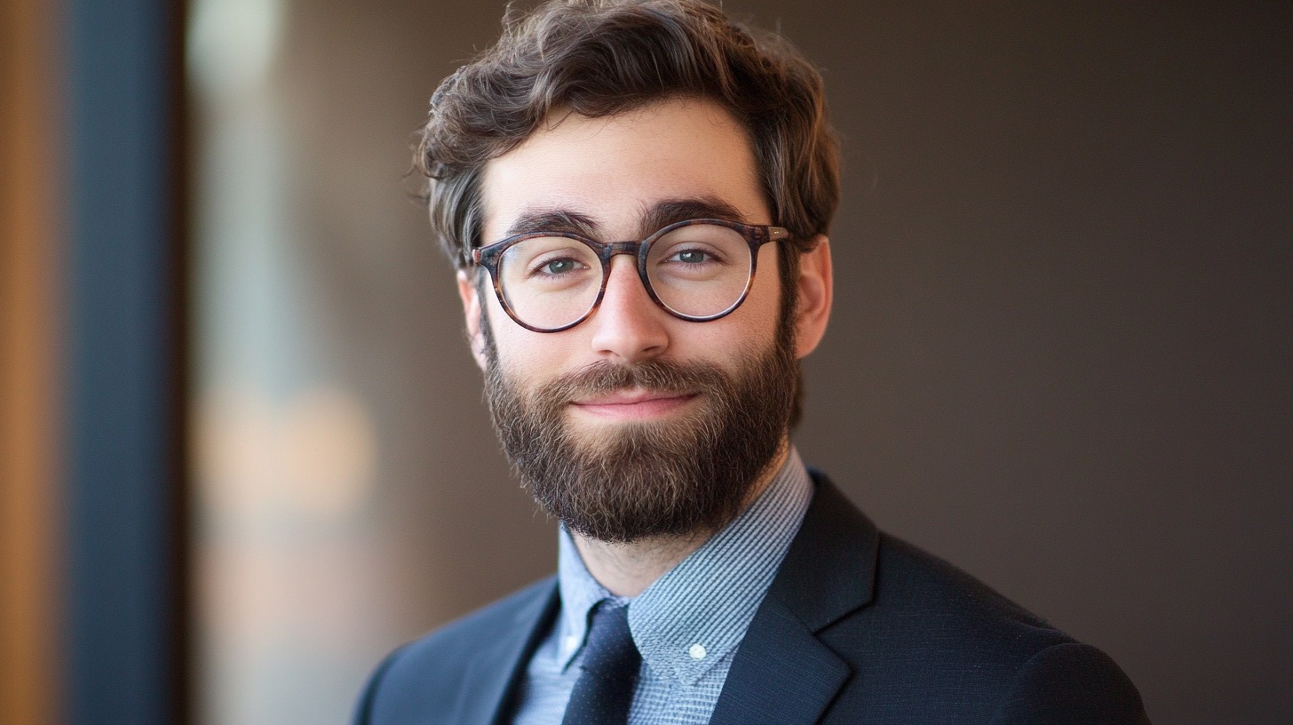 A well-dressed man in a suit, wearing glasses and smiling confidently in a professional setting