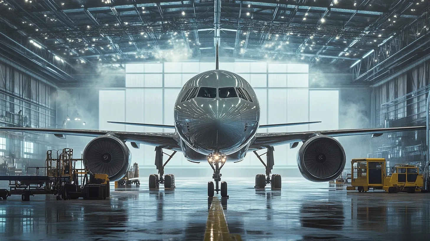 Large commercial airplane inside a well-lit aircraft hangar undergoing maintenance with surrounding equipment and machinery