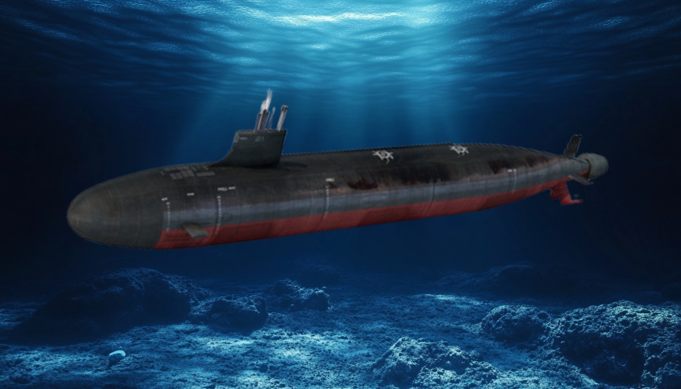 A large military submarine with a black and red hull, submerged deep underwater with sunlight filtering from above