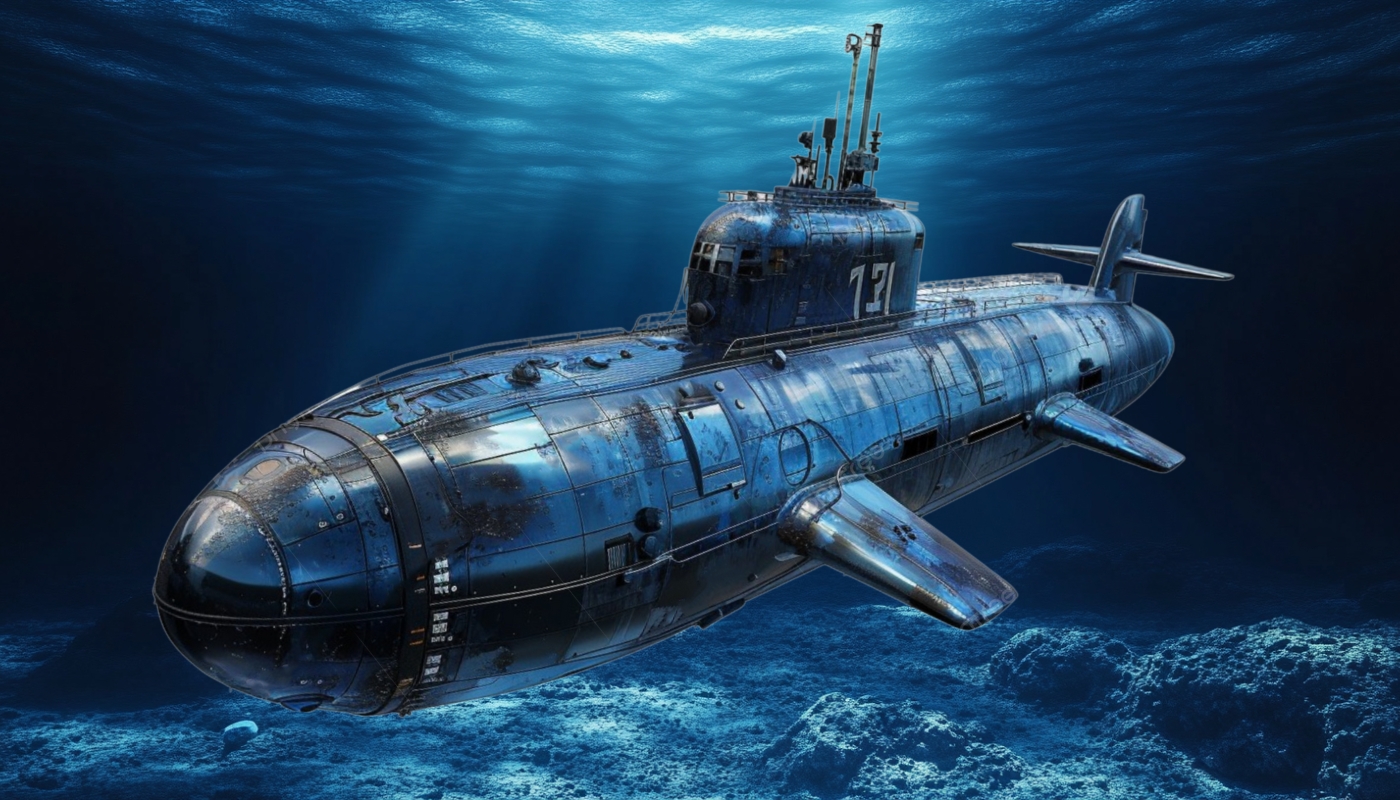 A large, deep-sea submarine with a metallic blue exterior, submerged underwater with light filtering from above